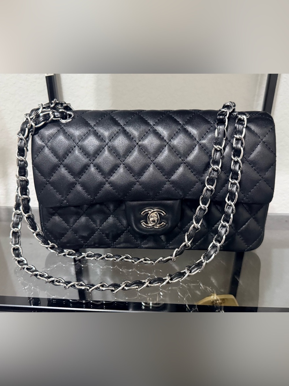 Black Quilted Lambskin Shoulder Bag with Silver-Tone Chain